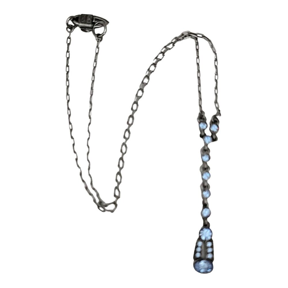 Givenchy Dark Silver Tone Blue Rhinestone Pendant Y Drop Chain Necklace